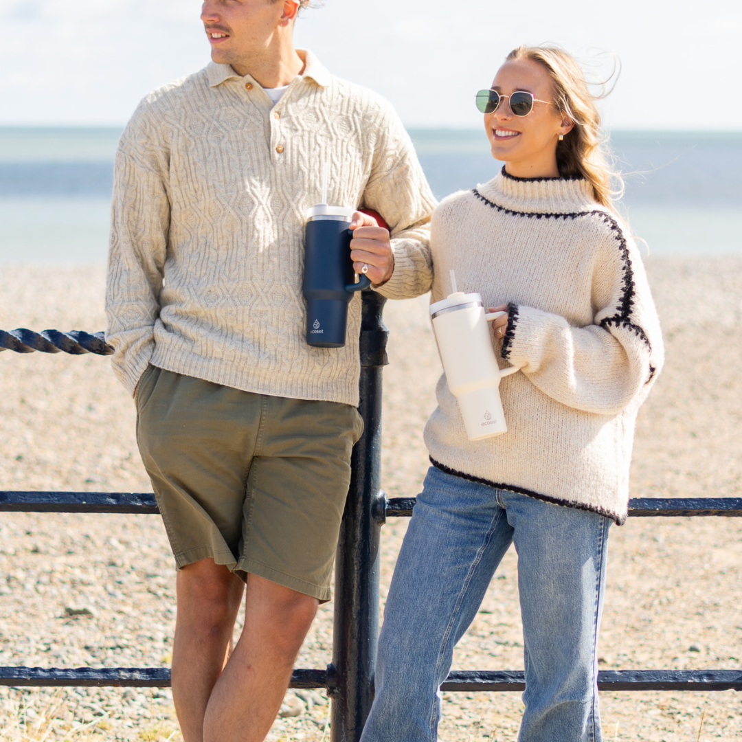 A close-up of two people enjoying Ecoset products
