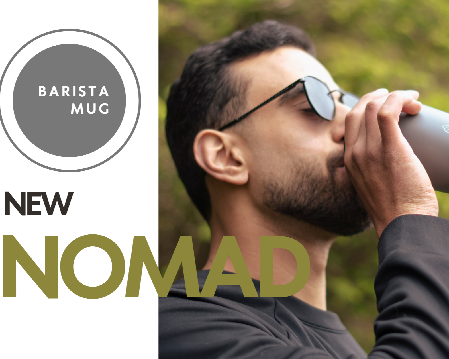Person drinking from a new nomad barista mug with promotional text on the side.